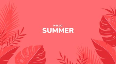 Merhaba tropikal yapraklı yaz arkaplanı. Modern minimalist yaz tasarımı. Satılık afiş, kapak, poster, davetiye tasarımı. Vektör illüstrasyonu