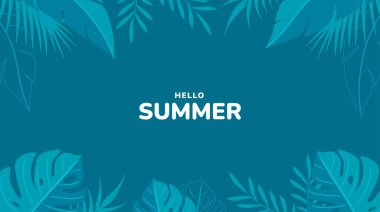 Merhaba tropikal yapraklı yaz arkaplanı. Modern minimalist yaz tasarımı. Satılık afiş, kapak, poster, davetiye tasarımı. Vektör illüstrasyonu