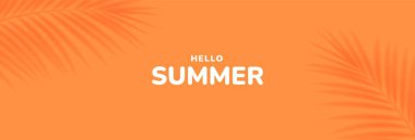 Turuncu arka planda tropik palmiye yaprağı gölgesi. Yaz tatili konsepti, mevsimlik satışlar. Vektör illüstrasyonu