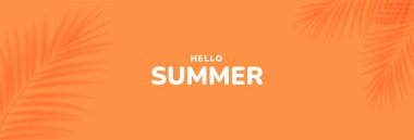 Turuncu arka planda tropik palmiye yaprağı gölgesi. Yaz tatili konsepti, mevsimlik satışlar. Vektör illüstrasyonu