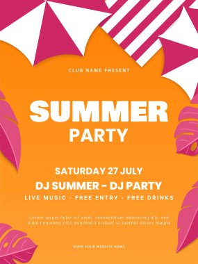 Yaz partisi poster tasarımı. Canlı müzik festivali broşüründe tropikal yapraklar var. Vektör illüstrasyonu