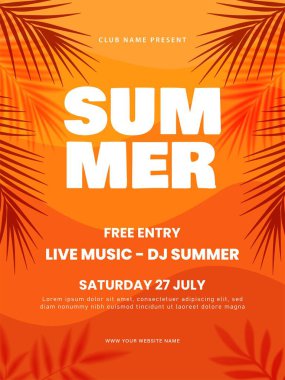Yaz partisi poster tasarımı. Canlı müzik festivali broşüründe tropikal yapraklar var. Vektör illüstrasyonu