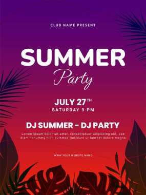 Yaz partisi poster tasarımı. Canlı müzik festivali broşüründe tropikal yapraklar var. Vektör illüstrasyonu