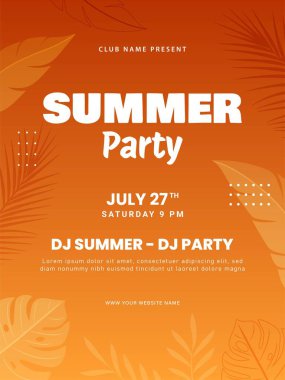 Yaz partisi poster tasarımı. Canlı müzik festivali broşüründe tropikal yapraklar var. Vektör illüstrasyonu