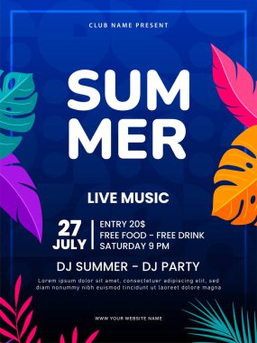 Tropikal yapraklı yaz partisi broşürü tasarımı. Yaz Tatili Kutlaması. Plaj partisi poster şablonu. Vektör illüstrasyonu