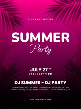 Tropikal yapraklı yaz partisi broşürü tasarımı. Yaz Tatili Kutlaması. Plaj partisi poster şablonu. Vektör illüstrasyonu