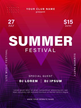 Tropikal yapraklı yaz partisi broşürü tasarımı. Yaz Tatili Kutlaması. Plaj partisi poster şablonu. Vektör illüstrasyonu