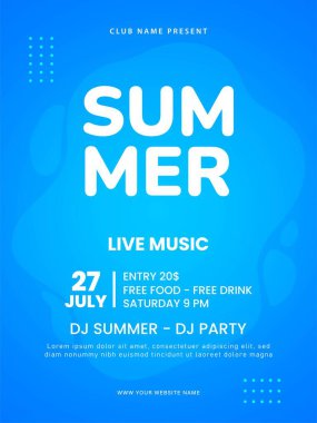 Yaz partisi broşürü. Yaz müzik festivali poster tasarımı. Vektör illüstrasyonu