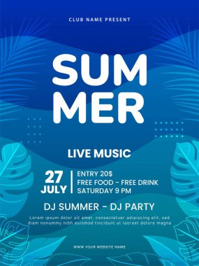 Yaz partisi broşürü. Yaz müzik festivali poster tasarımı. Vektör illüstrasyonu