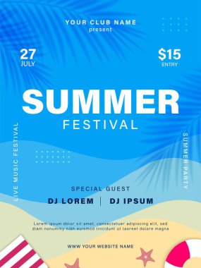 Yaz partisi broşürü. Yaz müzik festivali poster tasarımı. Vektör illüstrasyonu