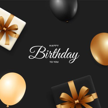 Doğum günün kutlu olsun. Balonlu ve hediye kutusu dekorasyonlu doğum günü tasarımı. Vektör illüstrasyonu