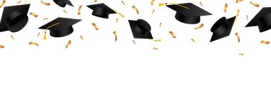 Mezuniyet şapkası konfetidir. Beyaz arka planda altın kurdeleli mezuniyet şapkaları. Okul, üniversite eğitimi. Vektör illüstrasyonu