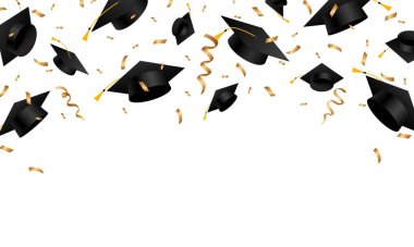 Mezuniyet şapkası konfetidir. Beyaz arka planda altın kurdeleli mezuniyet şapkaları. Okul, üniversite eğitimi. Vektör illüstrasyonu