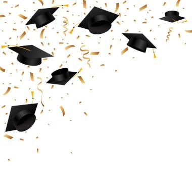 Mezuniyet şapkası konfetidir. Beyaz arka planda altın kurdeleli mezuniyet şapkaları. Okul, üniversite eğitimi. Vektör illüstrasyonu