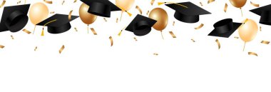 Mezuniyet şapkası konfetidir. Beyaz arka planda altın kurdeleli mezuniyet şapkaları. Okul, üniversite eğitimi. Vektör illüstrasyonu