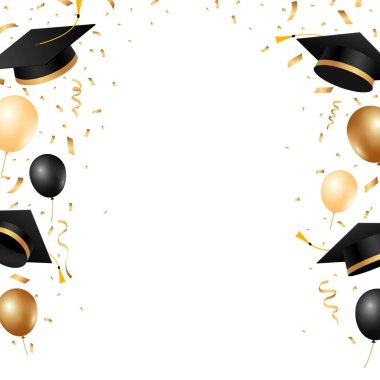 Mezuniyet şapkaları, balonlar ve altın konfetiyle mezun olmuş. Okul ve üniversite mezuniyetini kutlamak için çerçeve tasarımı. Vektör illüstrasyonu