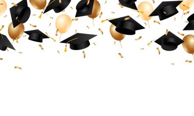 Mezuniyet şapkası konfetidir. Beyaz arka planda altın kurdeleli mezuniyet şapkaları. Okul, üniversite eğitimi. Vektör illüstrasyonu