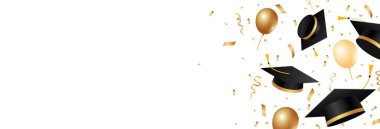 Mezuniyet şapkaları, balonlar ve altın konfetiyle mezun olmuş. Okul ve üniversite mezuniyetini kutlamak için çerçeve tasarımı. Vektör illüstrasyonu