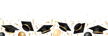 Mezuniyet şapkaları, balonlar ve altın konfetiyle mezun olmuş. Okul ve üniversite mezuniyetini kutlamak için çerçeve tasarımı. Vektör illüstrasyonu