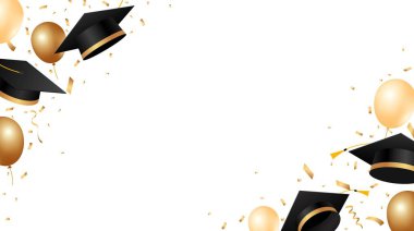 Mezuniyet şapkaları, balonlar ve altın konfetiyle mezun olmuş. Okul ve üniversite mezuniyetini kutlamak için çerçeve tasarımı. Vektör illüstrasyonu