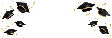 Mezuniyet şapkası. Mezuniyet şapkaları ve altın kurdeleler dekorasyon unsurları. Okul, üniversite ve üniversite kutlama tasarımı. Vektör illüstrasyonu