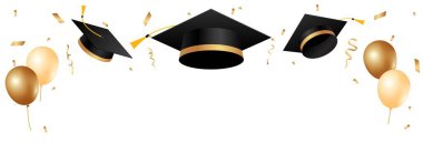 Mezuniyet şapkası. Mezuniyet şapkaları, balonlar ve altın kurdeleler dekorasyon elementleri. Okul, üniversite ve üniversite kutlama tasarımı. Vektör illüstrasyonu