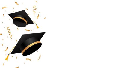 Altın konfetiyle mezuniyet şapkası uçurmak. Okul, üniversite ya da üniversite kutlama şablonu. Mezuniyet element tasarımı. Vektör illüstrasyonu