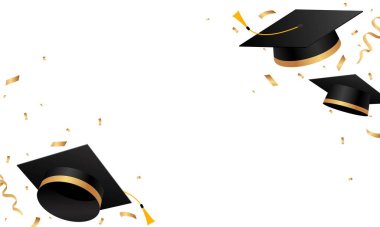 Altın konfetiyle mezuniyet şapkası uçurmak. Okul, üniversite ya da üniversite kutlama şablonu. Mezuniyet element tasarımı. Vektör illüstrasyonu