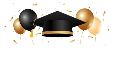 Altın konfetiyle mezuniyet şapkası uçurmak. Okul, üniversite ya da üniversite kutlama şablonu. Mezuniyet element tasarımı. Vektör illüstrasyonu