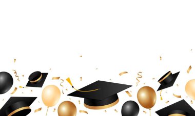 Altın konfetiyle mezuniyet şapkası uçurmak. Okul, üniversite ya da üniversite kutlama şablonu. Mezuniyet element tasarımı. Vektör illüstrasyonu