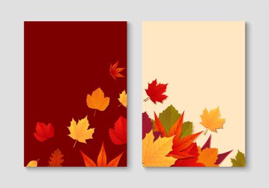 Sonbahar yapraklı sonbahar tasarımı seti. Mevsimlik poster, kart, kapak, broşür. Vektör illüstrasyonu