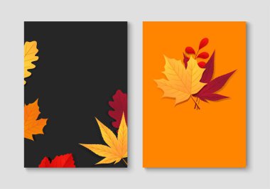 Sonbahar yapraklı sonbahar tasarımı seti. Mevsimlik poster, kart, kapak, broşür. Vektör illüstrasyonu