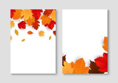 Turuncu, sarı ve kırmızı sonbahar yapraklı sonbahar posteri. Vektör illüstrasyonu