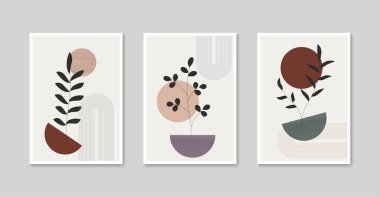 Botanik duvar resimleri poster seti. Soyut şekilli minimalist boho yaprak çizgisi. Duvar kağıdı, baskı ve kapak için tropik bitki tasarımı. Vektör