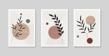 Botanik duvar tasarımı seti. Minimalist boho yaprak çizgisi sanat posteri. Duvar kağıdı, baskı ve kapak için bitki tasarımı. Vektör
