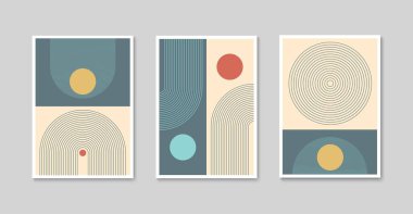 Soyut geometrik poster seti. Baskı, kapak, baskı, duvar kağıdı için minimalist sanat tasarımı. Modern bohem duvar sanatı. Vektör illüstrasyonu