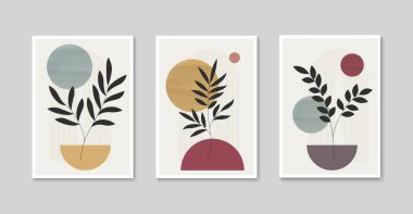 Botanik duvar tasarımı seti. Soyut şekilli minimalist boho yaprak çizgisi. Duvar kağıdı, baskı ve kapak için tropik bitki tasarımı. Vektör