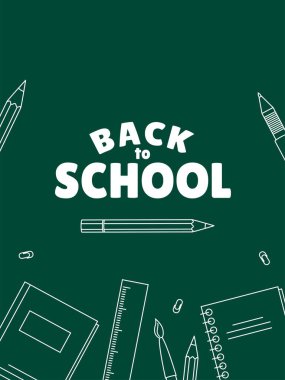 Okul posterine geri dön. Minimalist tasarım, okul malzemeleri, kırtasiye malzemeleri. Vektör illüstrasyonu