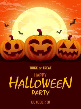 Cadılar Bayramı partisi. Şeker mi şaka mı? Cadılar Bayramı poster tasarımı, balkabakları, yarasalar ve dolunay. Broşür, afiş şablonu. Vektör illüstrasyonu