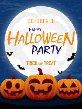 Cadılar Bayramı partisi. Şeker mi şaka mı? Cadılar Bayramı poster tasarımı, balkabakları, yarasalar ve dolunay. Broşür, afiş şablonu. Vektör illüstrasyonu