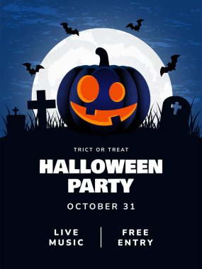 Cadılar Bayramı partisi poster tasarımı. Gece partisi davetiye şablonu. El ilanı, broşür, afiş. Vektör illüstrasyonu