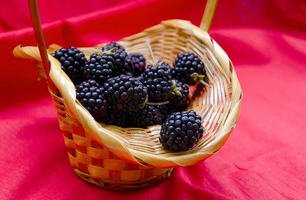 Black Juicy Blackberries Wicker Baskets Red Background Blackberries Basket — Stock Photo, Image