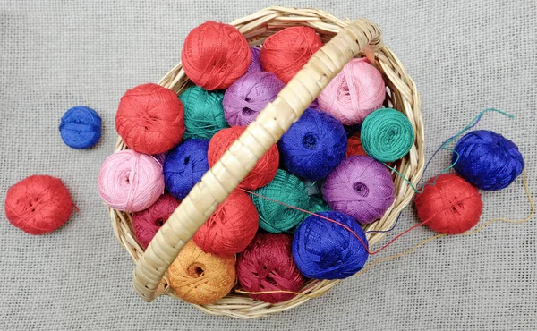 multi-colored skeins of thread in a wicker basket, top view. needlework threads, close-up