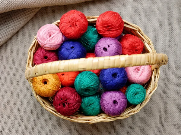Multi Colored Skeins Thread Wicker Basket Top View Needlework Threads — Stock Photo, Image
