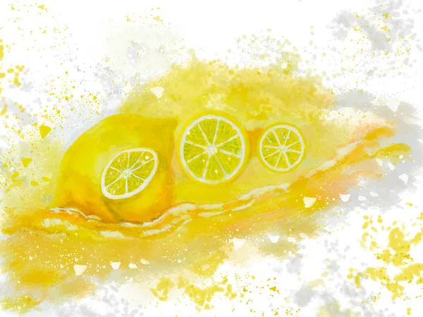 Zitronensaft Und Stücke Digitale Aquarellillustration Zitronen — Stockfoto