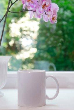 Pencere kenarında, vazo dolusu orkidelerle süslenmiş beyaz bir bardak.