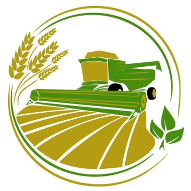 Bir biçerdöver tahıl toplar. Tarladaki hasat makinesini ve izole edilmiş logoyu birleştirin. Tarım işareti. Tasarım sembolü, logo. Vektör illüstrasyonu. Hasatla birlikte tarım üretim logosu
