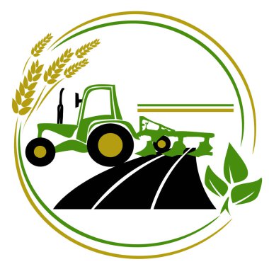 Traktör tarlayı işliyor, izole logo. Tarım işareti. Tasarım sembolü, logo. Vektör illüstrasyonu. Tarımsal üretim logosu, tarla süren bir traktörün silüet simgesi.