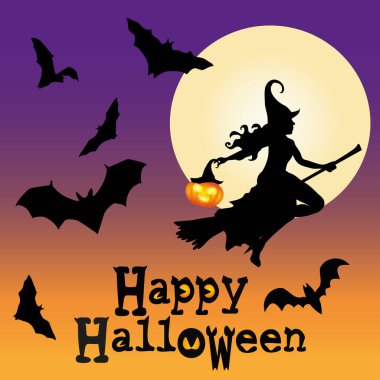 Süpürge sapı üzerinde balkabağı, dolunay arkaplanı ve üzerinde 