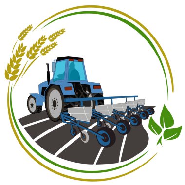 Vektör çizimi, mavi traktör tohum ekimi. Ekme sırasında tarım makineleri. Modern tarım teknolojisi kavramı. Tohum ekicili traktör sahada.